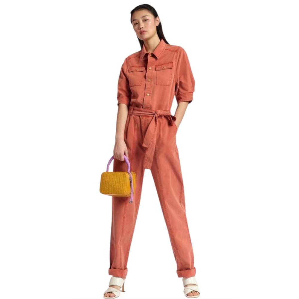 Essential Antwerp Bumpshit Short Sleeve Dungarees in Fire Orange Size 34/US 4